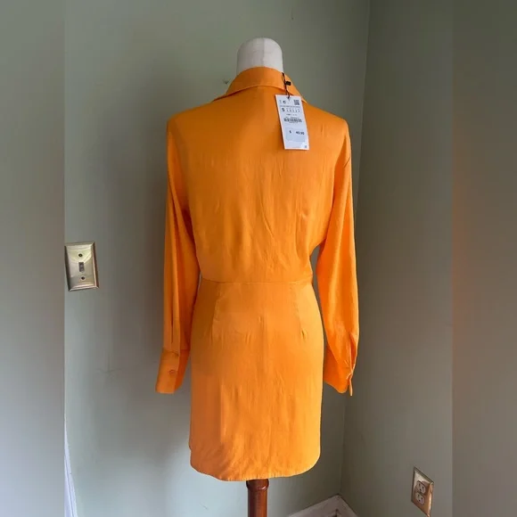 NWT Zara Orange twist satin shirt dress. Size Small. Long sleeves, deep v neck. - Picture 5 of 16